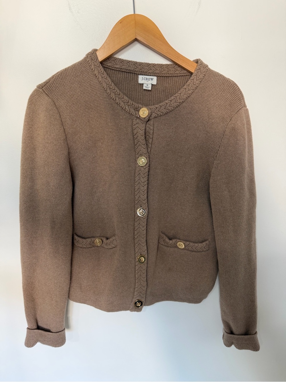 J.Crew 100% Cotton Brown Knit Cardigan lady jacket Gold Button Pocket Preppy Sm